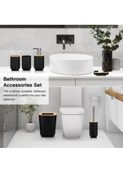 Bamboo Bathroom Accessories Set of 6 Modern Design 6 Pieces Bathroom Accessory Set Soap Dispenser Toothbrush Holder Tooth Mug Soap Dish Toilet Brush Rubbish for Bathroom Home Decor (Black)
