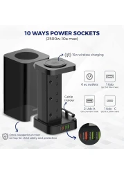 Tower Power Extension Cord 3 In 1 with 15W Wireless Charger - 6 AC Outlets - 4 USB Outlets - 2m Long Extension Cord Power Strip with Cable Organizer Box