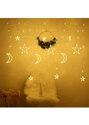 String Lights Moon Fairy String Lights Solar Powered Outdoor Curtain Window Lights Twinkle LED Star Lights for Backyard Garden Patio Home Party Holiday Ramadan Decoration (Warm light)