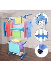 حامل تجفيف الملابس ثلاثي الطبقات، حامل ملابس قابل للطي عالي التحمل مع أجنحة قابلة للتعديل - للاستخدام الداخلي والخارجي، حامل تجفيف الملابس المزدوج ثلاثي الطبقات