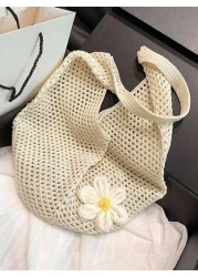 Yogodlns Hollow Out Weave Bag Bohemian Style Beach Handbag Hollow Tote Bag Large Capacity Slouchy Style Beach Bag Shopping Women Casual Beach Bag Large Capacity Crochet Flower Tote Bag Fashion Tote Ha