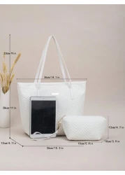 2pcs Quilted Wavy Pattern Large Capacity Tote Bag With Geometric Design Vintage Style Shoulder Tote Shopping Bag Coin Purse For Women