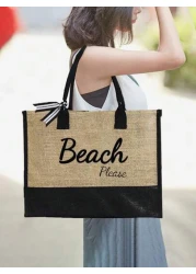 طقم حقيبة كتف بطباعة رسائل شاطئية من كتان بسيط، حقيبة تسوق بقايا صالحة لإعادة الاستخدام وحقيبة مكياج، حقيبة ه