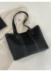 حقيبة كتف ذات تفاصيل خياطة سعة كبيرة ذات طراز بسيط من جلد اصطناعي ل- الأعمال/التنقل/العمل/حقيبة المدرسة العليا