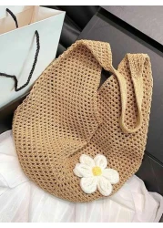 Hollow Out Weave Straw Bag Bohemian Beach Handbag Hollow Tote Bag Large Capacity Shopping Beach Bag Fashion Hollow Out Weave Straw Bag Beach Handbag Bohemian Style Beach Bag Slouchy Style Large Capaci