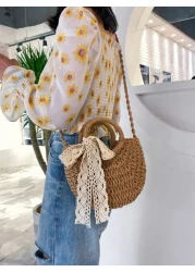 1 Pc Fashionable Bohemian Vacation Style Solid Color Woven Grass With Ribbon Decoration Circular Handle Women s Hand Held Beach Bag Suitable For Leisure Travel Vacation Simple Clothing Matching And Ou