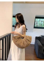1pc Large Capacity Khaki Tote Bag Woven Straw Open Top Round Bag For Travel Vacation Beach Summer Straw Beach Bag For Women Vacation Essentials Perfectly Matching With Beach Accessories Women