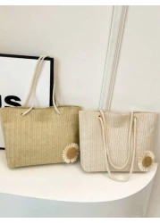 Versatile Solid Color Straw Tote Bag For Women Fashion Large Capacity Woven Underarm Bag Boho Style Small Daisy Decoration Shoulder Bag Lightweight Daily Commuting Shopping Beach Bags Exquisite Summer