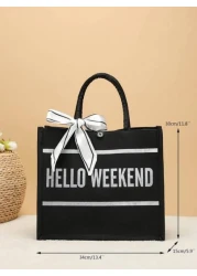Letter Patterned Fashionable Canvas Tote Bag School Bag Large Capacity Portable For Teen Girls Women College Students White Collar Workers Perfect For Work Back To School Middle School High School Col