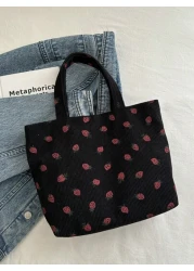 Fashionable Strawberry Print Tote Bag Large Capacity All Match Corduroy Material Shoulder Women s Bag Cute Strawberry Purse