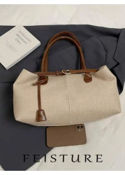 قطعة واحدة من حقيبة اليد المنسوجة من القش الصيفية من علامة FEISTURE، حقيبة على الشاطئ، تصميم حزام مع إبزيم كبير ال