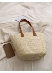 Straw Bag Straw Woven Handbag Beige Women Tote Bags Large Capacity Portable Beach Holiday Bag Double Handle Shoulder Bag Lunch Bag Business Bag Women s Stylish Shopping Bag For Teen Girls Women Colleg