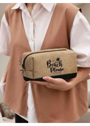 Beach Themed Beach Tote Bag Set For Women Printed With Artistic Letters Beach Beach And Coconut Tree Pattern Large Capacity Handbag And Two Makeup Bags