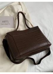 Large Capacity Vintage Casual Tote Bag For Women With Multi Layered Compartments Crocodile Embossed Flap Cover Adjustable Shoulder Strap Suitable For Commuting And Outdoor Travel Autumn Retro Inspired