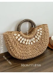 Tropiscape 2025 Fashion Hollow Straw Shell Bag Handwoven Semi Circle Tote Handbag Suitable For Beach Holiday Daily Use Travel Parties Gift For Women Bohemia Chill Vacation