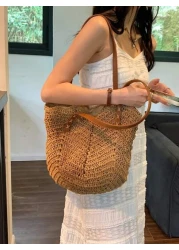 حقيبة قش سعة كبيرة بمقبضين موضة جديدة للنساء، مناسبة للتنقلات اليومية والتسوق والسفر، تصميم خفيف وعملي مثالي