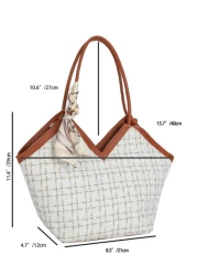 Bow Decor Lightweight Portable Casual Fashion Plaid Pattern Skinny Scarf Decor Tweed Shoulder Tote Bag For Girls Women College Students Rookies White Collar Workers For Fall Winter Essential For Work