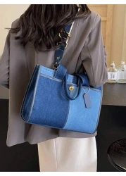 Classic Fashion Contrast Color Double Handle Tote Bag Large Capacity Lightweight Portable Side Pocket Canvas College Style Handbag Suitable For Travel Shopping Commuting Outdoor Activity And Campus Us