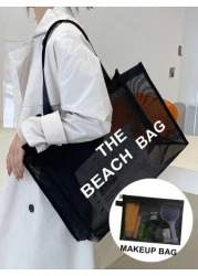 Nylon Material Alphabet Printed Beach Mesh Tote Bag With Beach Bag Use Tt Yourself Or Give Gifts To Others For Friends Mom Teachers Large Capacity Bag For Women School Bag Large Capacity Waterproof Fo