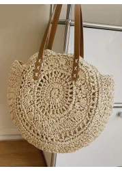 Yogodlns حقائب دائرية مفرغة للصيف للنساء حقيبة كتف من الخوص مصنوعة يدويًا للنساء كبيرة ، صيف ، مثالية للإجازة ، ال