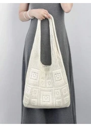 Minimalist Crochet Bag Hollow Out Design Vacation School Bag Large Capacity Portable For Teen Girls Women College Students White Collar Workers Perfect For Work Back To School Middle School High Schoo