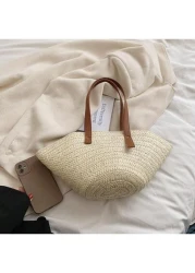 حقيبة كتف نسائية متعددة الاستخدامات وبسيطة، حقيبة كتف للتسوق، حقيبة شاطئ من القش للسفر
