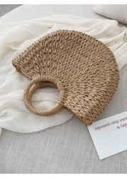 Braided Design Straw Bag Down To Earth Rattan Tote Bag School Bag Large Capacity Portable Classic Casual For Teen Girls Women College Students White Collar Workers Perfect For Work Back To School Midd