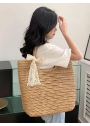 1pc Large Capacity Woven Rattan Handbag Solid Color Summer Beach Bag For Ladies School Bag Portable Large Capacity Lightweight For Teen Girls Women College Students College Middle School High School O