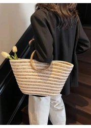 حقيبة قش كبيرة السعة ذات استخدام متعدد للنساء بمقبض دائري مخطط، حقيبة تسوق وشاطئ مناسبة للعطلات والسفر