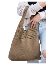 حقيبة كروشيه فارغة، حقيبة تسوق كبيرة السعة، حقيبة كتف منسوجة للنساء