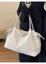 A Plain Corduroy Casual Minimalist Style Large Capacity Foldable Zipper Hand Held Shoulder Tote Bag Suitable For Women s Daily Commuting Shopping Travel Vacation Mommy Storage Bag