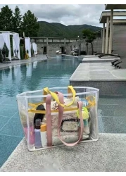 1 2pcs Clear Mesh Large Capacity Tote Bag Beach Bag PVC Waterproof Sandproof Storage Bag Mesh Beach Bag Large Beach Tote Bag Summer Beach Toy Storage Bag Bathroom Bag Foldable Shoulder Handbag Beach S