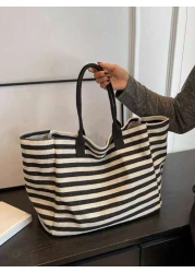 Yogodlns Simple Stripe Design Tote Bag For Girls Women Canvas Shoulder Bag Ladies Shopping Bags High Quality Handbagsschool Tote Bag Portable Foldable Business Casual Suitable For Teen Girls Women Col