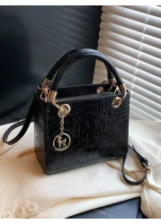 حقيبة يد نسائية كبيرة السعة، حقيبة يد أنيقة فاخرة للنساء، ذات نسيج مزخرف بنمط التمساح، باللون الأسود، ذات حزا