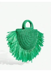 SHEIN SXY Ladies Women Top Handle Bags Straw Bag Tassel Fashionable Elegant Simple Personality For Beach Vacation Holiday Summer Seaside Green