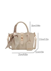 Fashionable Minimalist Casual 1pc Fashionable Solid Color Lychee Pattern Pu Leather Handbag Crossbody Bag With Lock Decoration And Silk Scarf Suitable For Daily Use For Girl Teen Girls