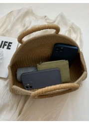 Straw Semi Circular Tote Bag Ring Top Handle Woven Basket With Daisy Decor Bohemia Travel Crossbody Bags Women s Trendy Solid Color Handbag For Summer Outdoor Picnic Basket Perfect For Gifts Storage A