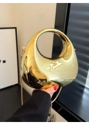 1pc New Arrival Golden Acrylic Clutch Bag Fashionable Personalized Handbag For Evening Party With Light Silver Color Moon Shaped Glittering Surface Detachable Metallic Chain Strap For Crossbody Wearin