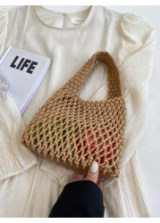 1 Piece Set Of Polyester Thread Hook Mesh Eyelid Bottom Multicolor Solid Color String Knitting Handbag Argyle Lightweight Portable Large Capacity Cute Kawaii Fashionable Quilt Bag Beach Bag For Women