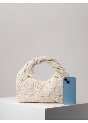 Hollow Floral Woven Bag Bohemian Beach Tote Ruched Handbag Holiday Casual Straw Wallet Pattern Random Beach Purse Perfect For Summer Vacation Daily Use Travel Must Haves