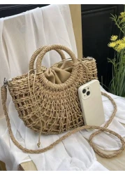 1pc Half Moon Hollow Out Handbag Fashionable Beach Vacation Straw Woven Bag Vacation Bag For Summer Perfect For Beach Vacation Travel Shopping And Vacation Essentials Eye Catching Beach Bag Summer Sum