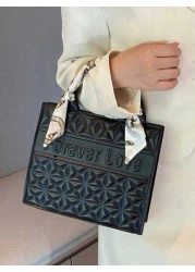 1pc 2pcs Set Fashionable Quilted Square Tote Bag With Letter Pattern And Skinny Scarf Decor Large Capacity PU Shoulder Bag Purse Set Professional Business Briefcase For Work Commute Casual Handbag Off