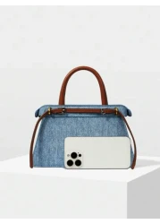 MOTF PREMIUM CONTRAST BUCKLE DETAIL DENIM EFFECT PRINT TOP HANDLE BAG