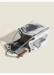 2025 Spring Summer New Silver Color Lunch Box Tote Bag Women s Commute Shiny Mirror Handbag Fashionable Simple Silver PU Leather Bucket Bag Casual Lightweight Solid Color Handbag