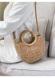 Yogodlns حقيبة كروس بودي محاكة من القش مزينة باللآليء والورد اليدوية حقيبة يد صغيرة عصرية للصيف