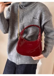 New Fashion Classic Joker Solid Color Pu Waterproof Fabric Handbag Bright Patent Leather Wine Red Bag Crescent Bag Shoulder Bag Letter Pattern Decoration Design Suitable For Traveling Shopping Commuti