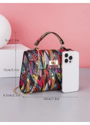 Crossbody Chain Mini Square Bag With Printed Top Handle And Multicolor Print For Women