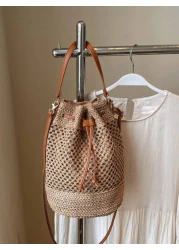1pc Women s Khaki Drawstring Closure Straw Bucket Bag Bohemian Style Fashion Handbag Tote Bag Suitable For Holiday Travel Suitable For Gifts Parties And Other Occasions