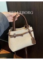 High Quality Casual Color Block Retro Canvas Leather Buckle Tote Handbag Versatile For Commuting Women