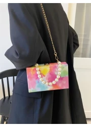 Oil Painting Colorful Metal Chain Shoulder Bag Crystal Pearl Decor Handbag Clutch Wallet Phone Bag For Daily Use And Travel Colorful Purse For Women